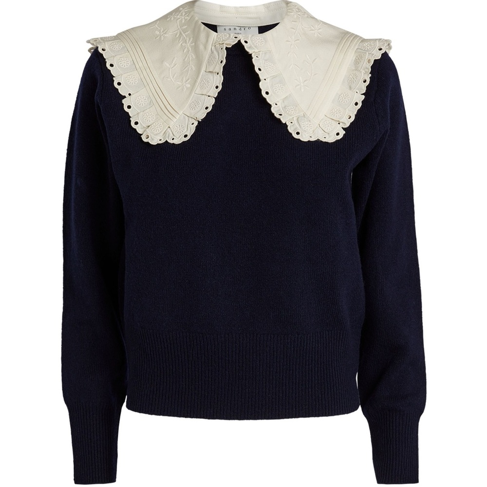 Sandro Navy Blue 100% Wool Sweater With Ivory Collar